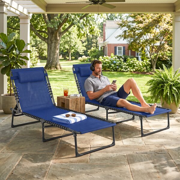 Outsunny 2 Pcs Folding Sun Lounger Beach Chaise Chair Garden Cot Camping Recliner with 4 Position Adjustable Blue Aosom UK
