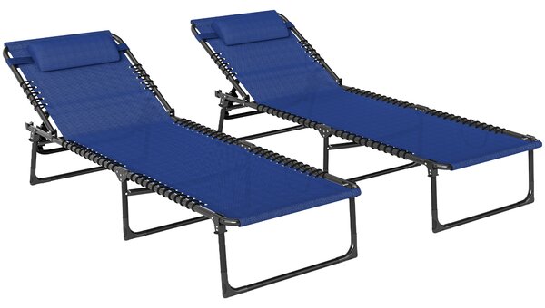 Outsunny 2 Pcs Folding Sun Lounger Beach Chaise Chair Garden Cot Camping Recliner with 4 Position Adjustable Blue Aosom UK