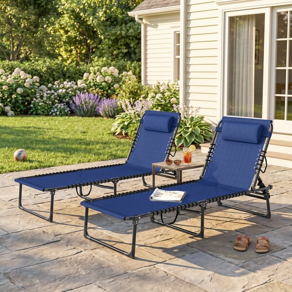 Outsunny 2 Pcs Folding Sun Lounger Beach Chaise Chair Garden Cot Camping Recliner with 4 Position Adjustable Blue Aosom UK