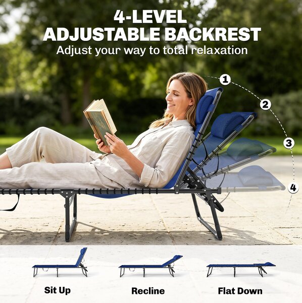 Outsunny 2 Pcs Folding Sun Lounger Beach Chaise Chair Garden Cot Camping Recliner with 4 Position Adjustable Blue Aosom UK