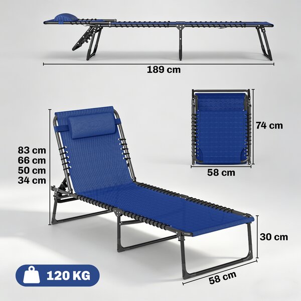 Outsunny 2 Pcs Folding Sun Lounger Beach Chaise Chair Garden Cot Camping Recliner with 4 Position Adjustable Blue Aosom UK