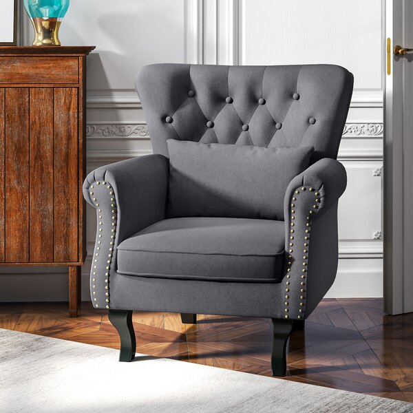 HOMCOM Chesterfield-style Accent Chair, Tufted Wingback Armchair with Pillow, Naihead Trim for Living Room, Bedroom, Cat Scratch Anti, Dark Grey Aosom UK