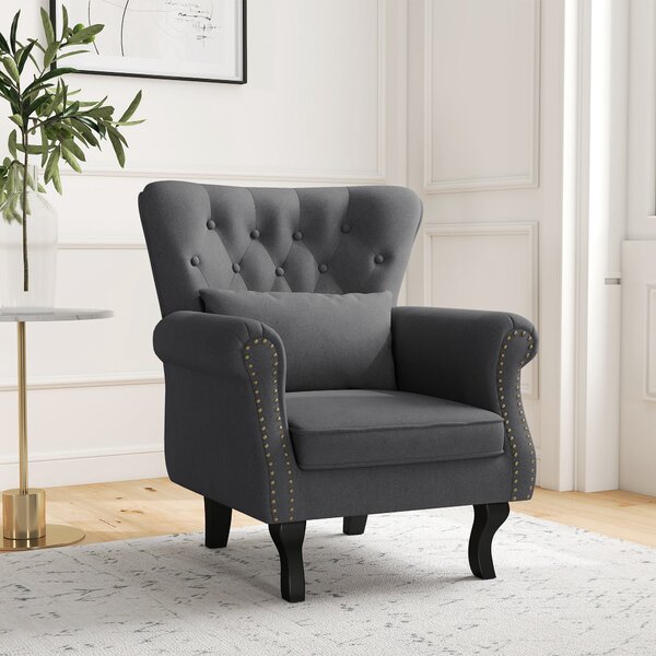 HOMCOM Chesterfield-style Accent Chair, Tufted Wingback Armchair with Pillow, Naihead Trim for Living Room, Bedroom, Cat Scratch Anti, Dark Grey Aosom UK