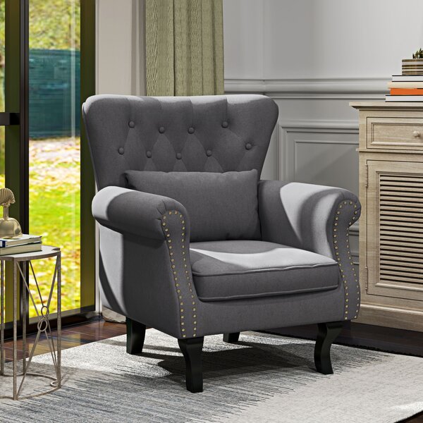 HOMCOM Chesterfield-style Accent Chair, Tufted Wingback Armchair with Pillow, Naihead Trim for Living Room, Bedroom, Cat Scratch Anti, Dark Grey Aosom UK