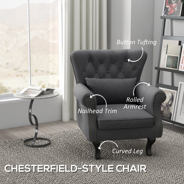 HOMCOM Chesterfield-style Accent Chair, Tufted Wingback Armchair with Pillow, Naihead Trim for Living Room, Bedroom, Cat Scratch Anti, Dark Grey Aosom UK