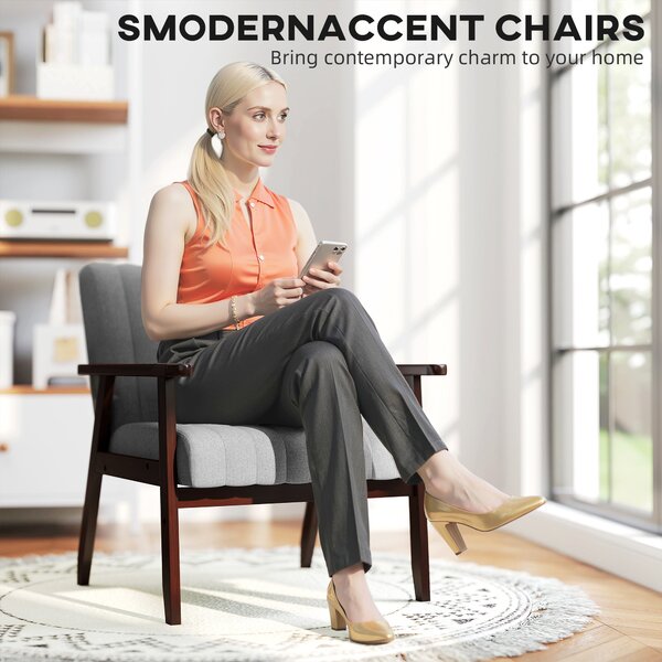 HOMCOM Modern Armchair, Anti-Cat-Scratch Fabric Accent Chair, Upholstered Living Room Chair with Wood Legs Tufting Pattern for Bedroom, Grey Aosom UK