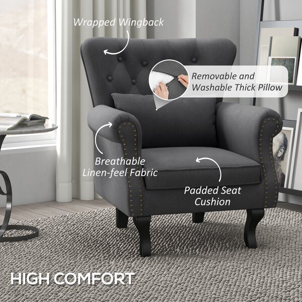 HOMCOM Chesterfield-style Accent Chair, Tufted Wingback Armchair with Pillow, Naihead Trim for Living Room, Bedroom, Cat Scratch Anti, Dark Grey Aosom UK