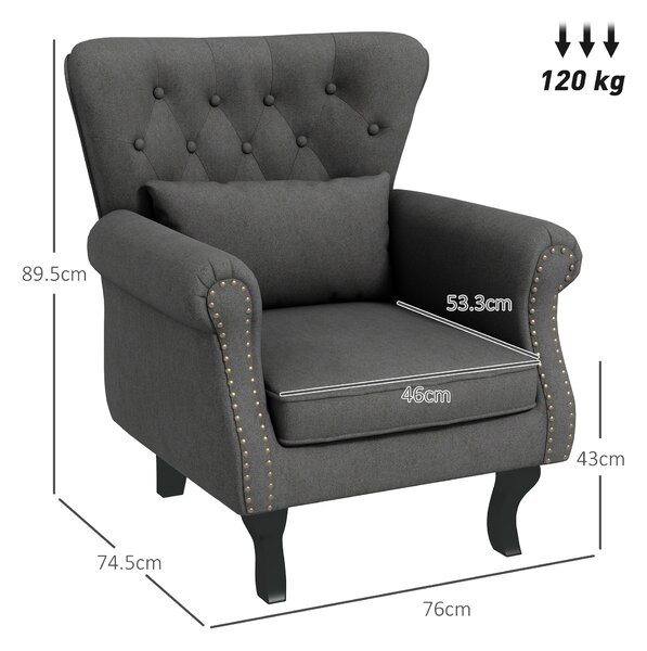 HOMCOM Chesterfield-style Accent Chair, Tufted Wingback Armchair with Pillow, Naihead Trim for Living Room, Bedroom, Cat Scratch Anti, Dark Grey Aosom UK
