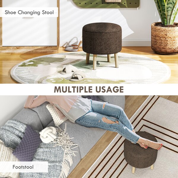 HOMCOM Linen Fabric Ottoman Stool with Storage, Round Upholstered Foot Stool with Padded Seat, Wood Legs, Cream White. Aosom UK