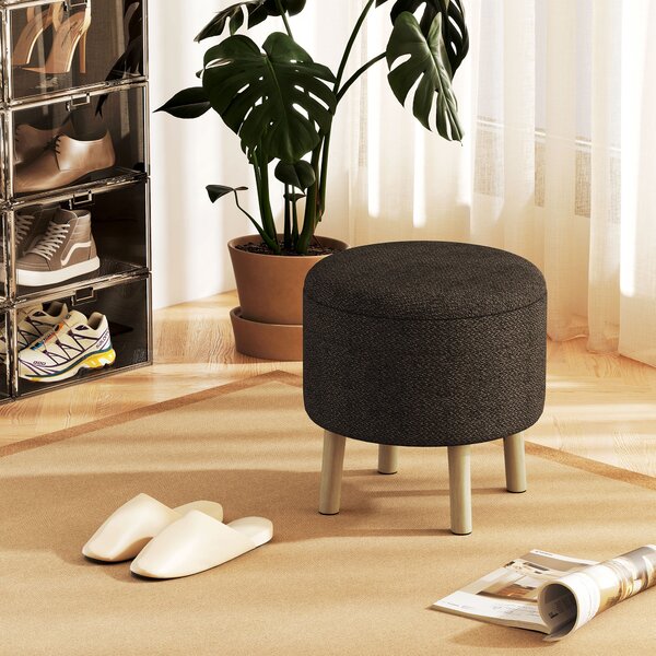 HOMCOM Linen Fabric Ottoman Stool with Storage, Round Upholstered Foot Stool with Padded Seat, Wood Legs, Cream White. Aosom UK