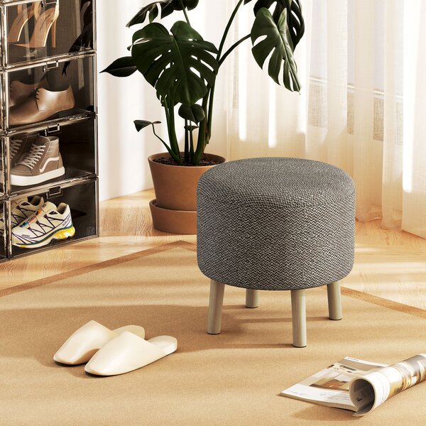 HOMCOM Linen Fabric Ottoman Stool, Round with Storage, Padded Seat, Wooden Legs, Hidden Space, Light Grey Aosom UK