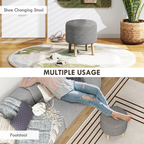 HOMCOM Linen Fabric Ottoman Stool, Round with Storage, Padded Seat, Wooden Legs, Hidden Space, Light Grey Aosom UK