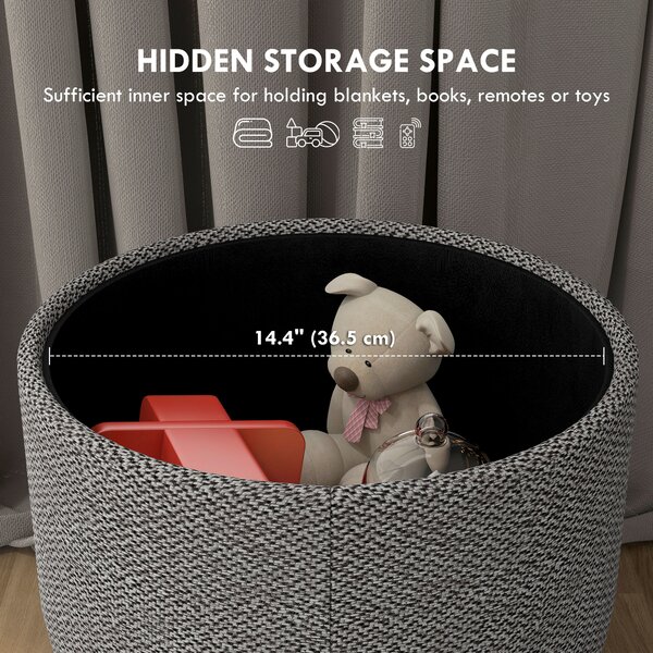 HOMCOM Linen Fabric Ottoman Stool, Round with Storage, Padded Seat, Wooden Legs, Hidden Space, Light Grey Aosom UK