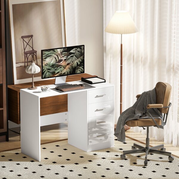 HOMCOM Computer Writing Desk with 4 Drawers, High Gloss Home Office Workstation, White
