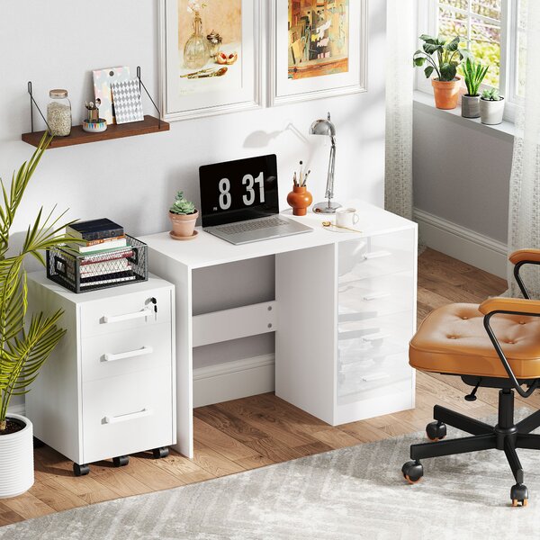 HOMCOM Computer Writing Desk with 4 Drawers, High Gloss Home Office Workstation, White