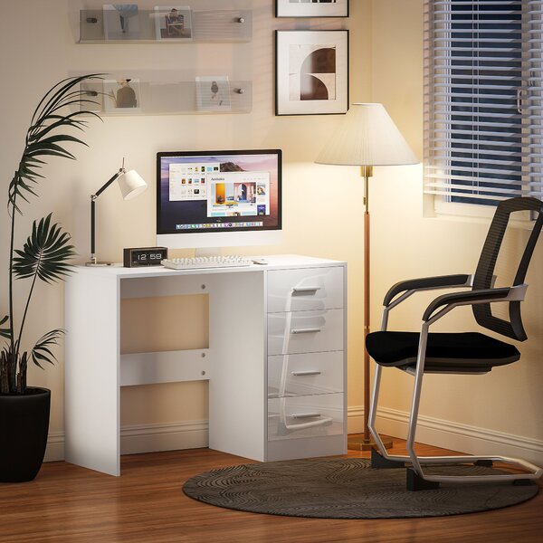 HOMCOM Computer Writing Desk with 4 Drawers, High Gloss Home Office Workstation, White