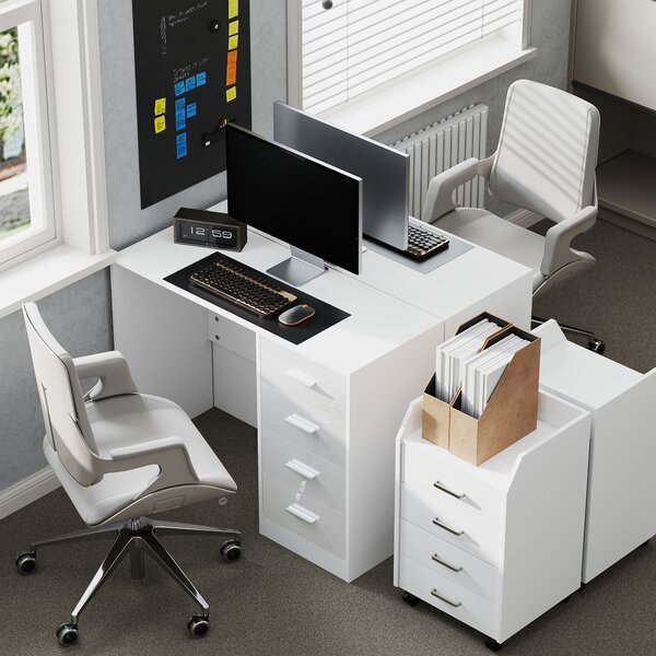 HOMCOM Computer Writing Desk with 4 Drawers, High Gloss Home Office Workstation, White