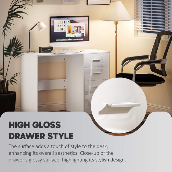 HOMCOM Computer Writing Desk with 4 Drawers, High Gloss Home Office Workstation, White