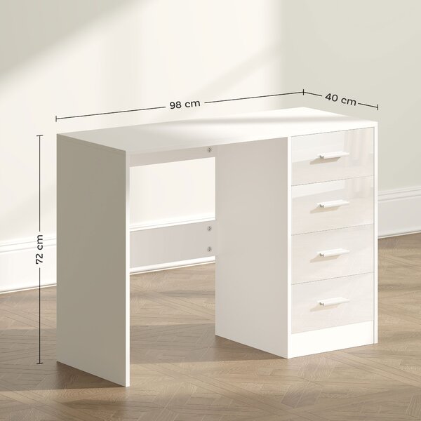 HOMCOM Computer Writing Desk with 4 Drawers, High Gloss Home Office Workstation, White