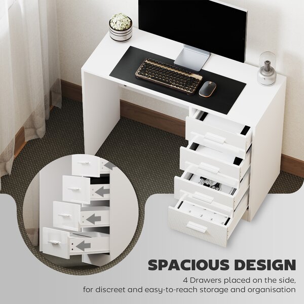 HOMCOM Computer Writing Desk with 4 Drawers, High Gloss Home Office Workstation, White
