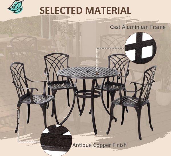 Outsunny Cast Aluminium 4-Seater Outdoor Garden Table & Chair Set Brown