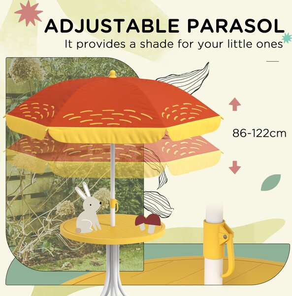 Outsunny Lion Themed Kids Outdoor Picnic Table & Chair Set, with Foldable Chairs, Adjustable Parasol, Yellow Aosom UK