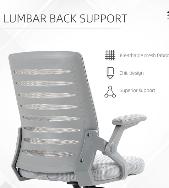 Vinsetto Mesh Office Chair with Flip-up Armrests, Adjustable Height, Swivelling and Tilting Seat, Ergonomic Desk Chair, Grey Aosom UK