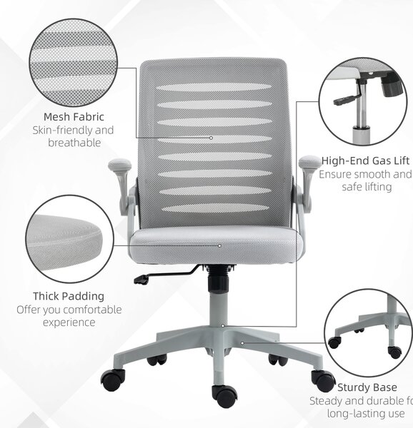 Vinsetto Mesh Office Chair with Flip-up Armrests, Adjustable Height, Swivelling and Tilting Seat, Ergonomic Desk Chair, Grey Aosom UK