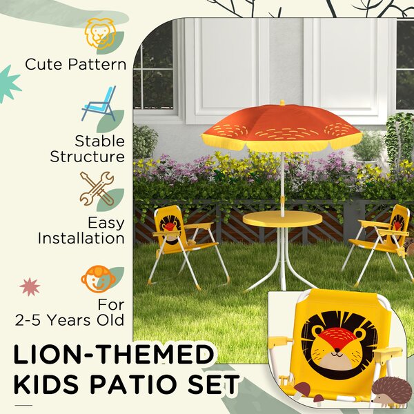 Outsunny Lion Themed Kids Outdoor Picnic Table & Chair Set, with Foldable Chairs, Adjustable Parasol, Yellow Aosom UK