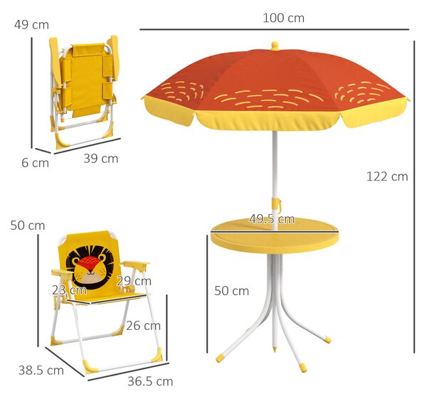 Outsunny Lion Themed Kids Outdoor Picnic Table & Chair Set, with Foldable Chairs, Adjustable Parasol, Yellow Aosom UK