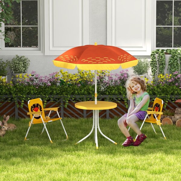 Outsunny Lion Themed Kids Outdoor Picnic Table & Chair Set, with Foldable Chairs, Adjustable Parasol, Yellow Aosom UK