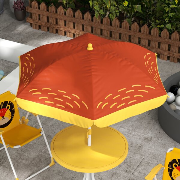 Outsunny Lion Themed Kids Outdoor Picnic Table & Chair Set, with Foldable Chairs, Adjustable Parasol, Yellow Aosom UK