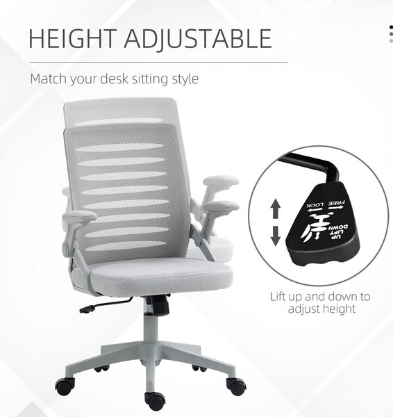 Vinsetto Mesh Office Chair with Flip-up Armrests, Adjustable Height, Swivelling and Tilting Seat, Ergonomic Desk Chair, Grey Aosom UK