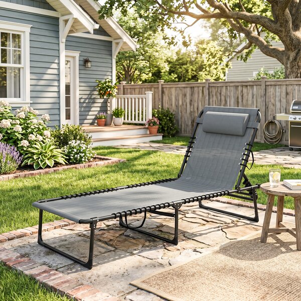 Outsunny Folding Sun Lounger Beach Chaise Chair Garden Cot Camping Recliner with 4 Position Adjustable Light Grey Aosom UK