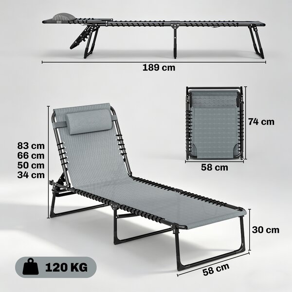 Outsunny Folding Sun Lounger Beach Chaise Chair Garden Cot Camping Recliner with 4 Position Adjustable Light Grey Aosom UK
