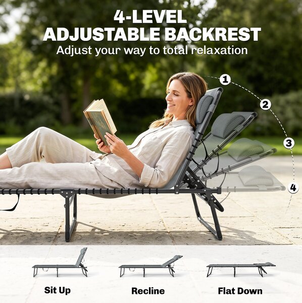 Outsunny Folding Sun Lounger Beach Chaise Chair Garden Cot Camping Recliner with 4 Position Adjustable Light Grey Aosom UK