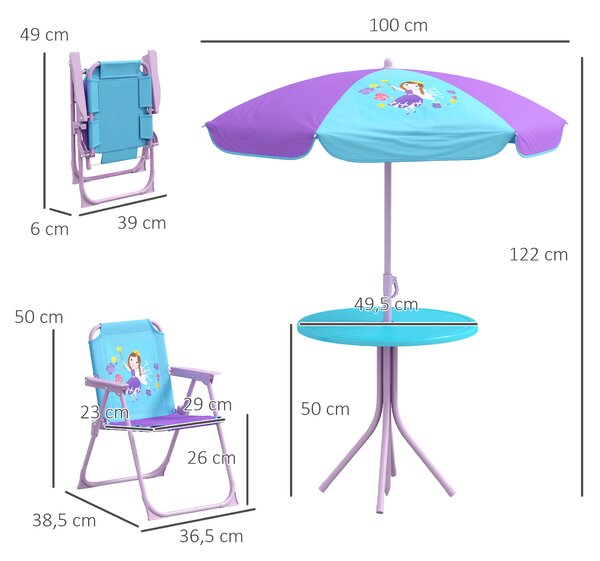 Outsunny Kids Picnic Table and Chair Set, Fairy Themed Outdoor Garden Furniture w/ Foldable Chairs, Adjustable Parasol Aosom UK
