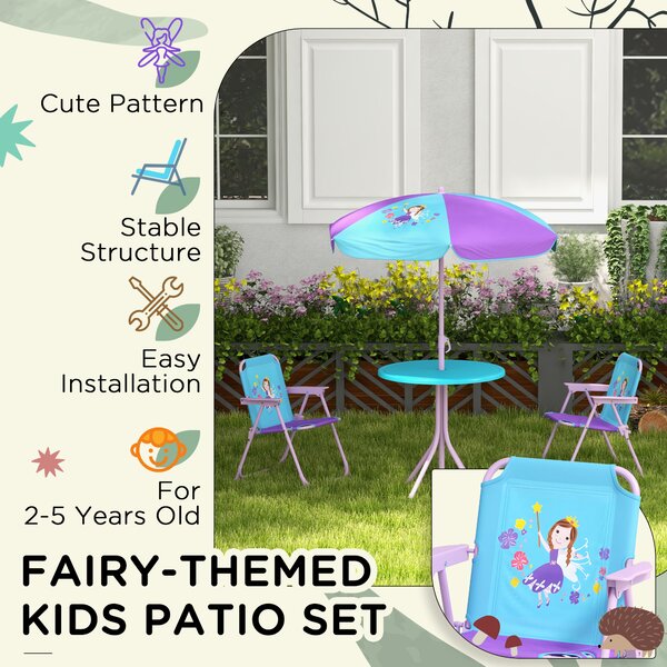Outsunny Kids Picnic Table and Chair Set, Fairy Themed Outdoor Garden Furniture w/ Foldable Chairs, Adjustable Parasol Aosom UK