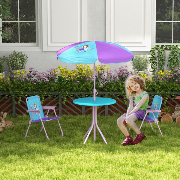 Outsunny Kids Picnic Table and Chair Set, Fairy Themed Outdoor Garden Furniture w/ Foldable Chairs, Adjustable Parasol Aosom UK