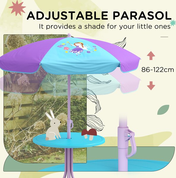 Outsunny Kids Picnic Table and Chair Set, Fairy Themed Outdoor Garden Furniture w/ Foldable Chairs, Adjustable Parasol Aosom UK