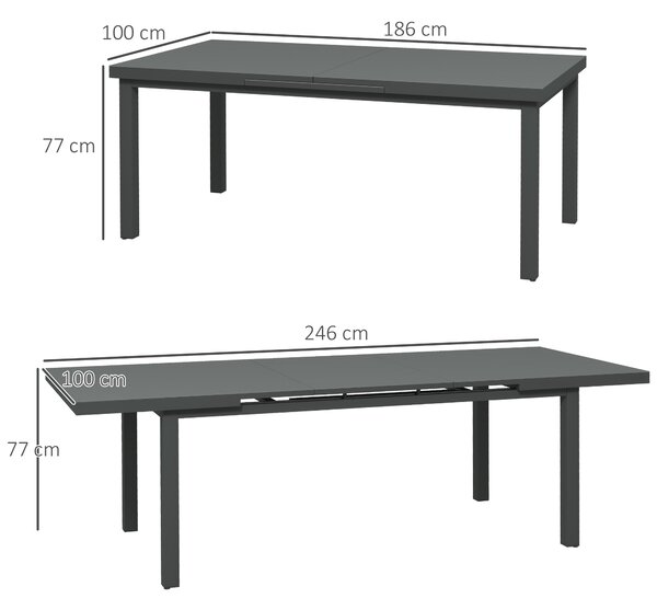 Outsunny Aluminium Garden Table for 6-8, Extending Outdoor Dining Table Rectangle for Lawn Balcony - Charcoal Grey