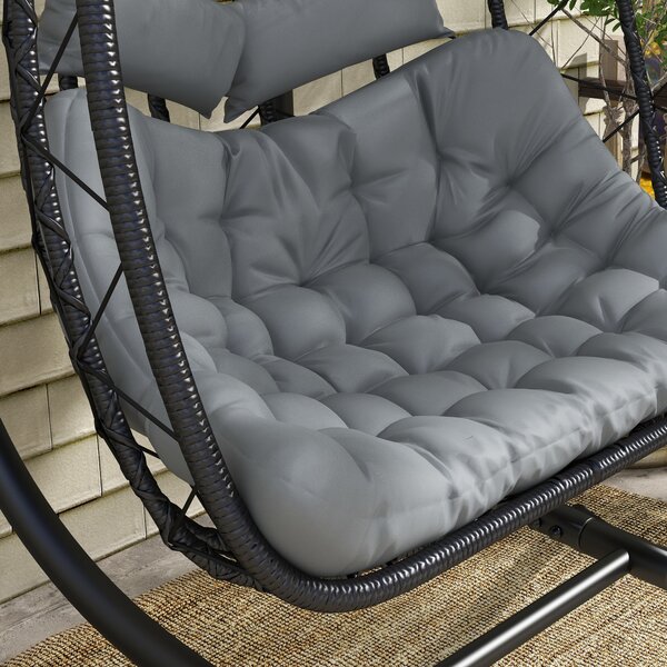 Outsunny Outdoor PE Rattan Double-seater Swing Chair w/ Thick Padded Cushion, Patio Hanging Chair for 2 w/ Metal Stand, Headrest, Black