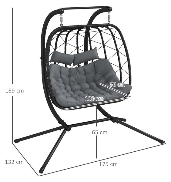 Outsunny Outdoor PE Rattan Double-seater Swing Chair w/ Thick Padded Cushion, Patio Hanging Chair for 2 w/ Metal Stand, Headrest, Black