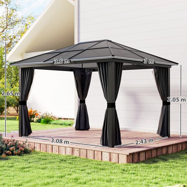 Outsunny 3 x 3.6m Hardtop Gazebo w/ UV Resistant Polycarbonate Roof & Aluminium Frame, Garden Pavilion with Mosquito Netting and Curtains Aosom UK