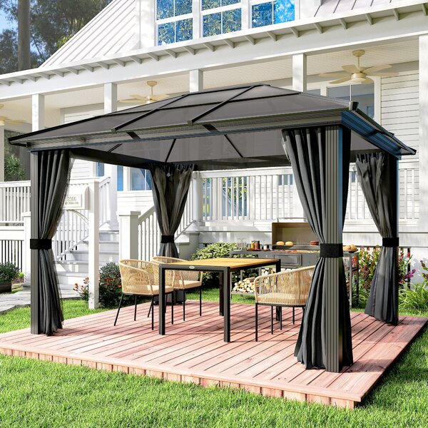 Outsunny 3 x 3.6m Hardtop Gazebo w/ UV Resistant Polycarbonate Roof & Aluminium Frame, Garden Pavilion with Mosquito Netting and Curtains Aosom UK