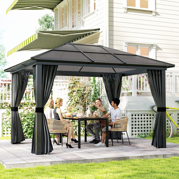 Outsunny 3 x 3.6m Hardtop Gazebo w/ UV Resistant Polycarbonate Roof & Aluminium Frame, Garden Pavilion with Mosquito Netting and Curtains Aosom UK