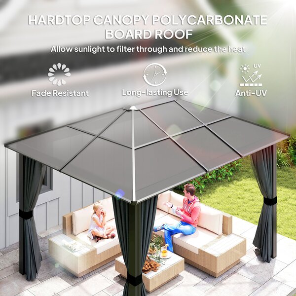 Outsunny 3 x 3.6m Hardtop Gazebo w/ UV Resistant Polycarbonate Roof & Aluminium Frame, Garden Pavilion with Mosquito Netting and Curtains Aosom UK