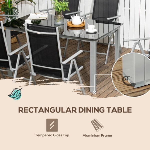 Outsunny 7 Piece Garden Dining Set, Outdoor Table & 6 Reclining Chairs with Breathable Mesh Seats, Tempered Glass Top Patio Furniture Set Aosom UK