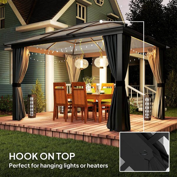 Outsunny 3 x 3.6m Hardtop Gazebo w/ UV Resistant Polycarbonate Roof & Aluminium Frame, Garden Pavilion with Mosquito Netting and Curtains Aosom UK
