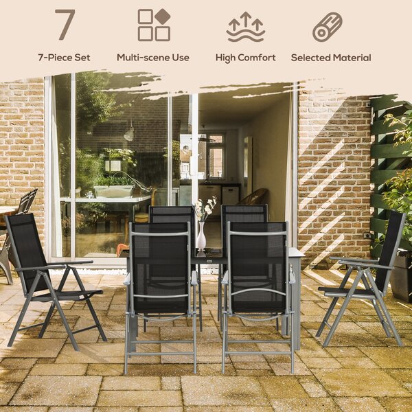 Outsunny 7 Piece Garden Dining Set, Outdoor Table & 6 Reclining Chairs with Breathable Mesh Seats, Tempered Glass Top Patio Furniture Set Aosom UK